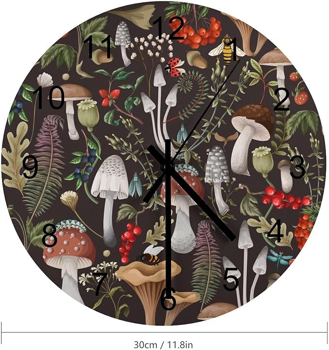 Botanical Wall Clock, Vintage Cartoon Abstract Botanical Mushroom Plants Pattern Round Clocks Wall Decor Silent No Ticking 12 Inch Wooden Clock for Bedroom Living Room Home Office