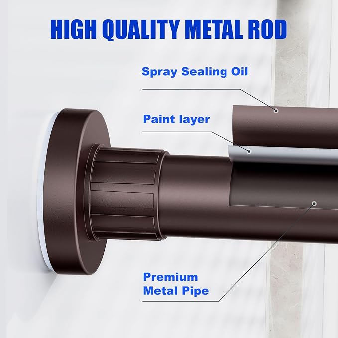 Ausemku Shower Curtain Rod 32-94 Inch Adjustable - 1 Inch Diameter Heavy Duty No drill Spring Tension Shower Rod, Non-Slip Rustproof Telescopic Rod for Bathroom, Brown