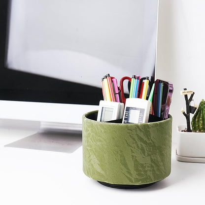 Hennaja Round Leather Art Supply Organizer,Remote Control Holder,360 Degree Spinning,Multi-Functional Pencil Holder,4 Compartments Desktop Stationary Organizer(1-Hill Green)