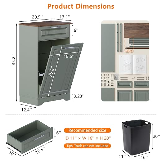 Single 10 Gallon Tilt Out Trash Can Cabinet with Deodorizing Function, Wooden Hidden Garbage Can Holder with Storage Drawers for Kitchen and Dining Room, Laundry Hamper Cabinet for Bathroom, Green