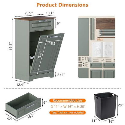 Single 10 Gallon Tilt Out Trash Can Cabinet with Deodorizing Function, Wooden Hidden Garbage Can Holder with Storage Drawers for Kitchen and Dining Room, Laundry Hamper Cabinet for Bathroom, Green