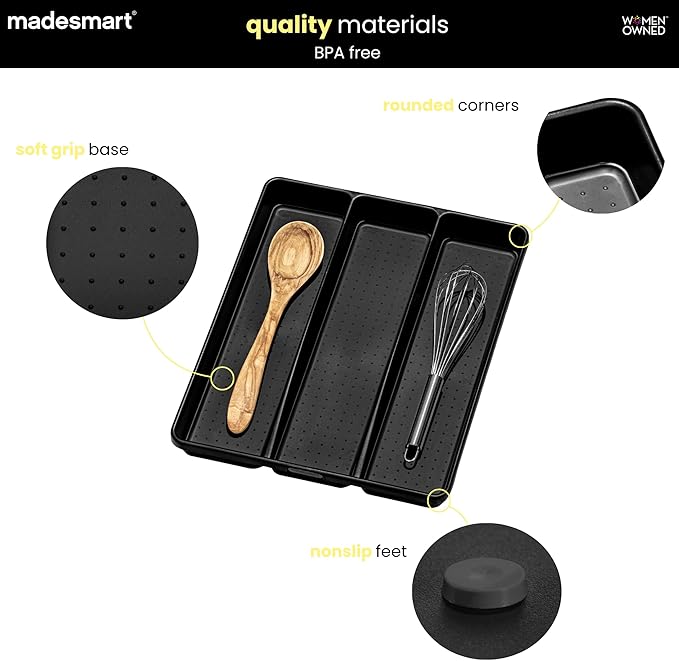 madesmart Classic 3-Compartment Plastic Utensil Tray for Drawers, Multipurpose Storage Tray Drawer Organizer, Carbon Large