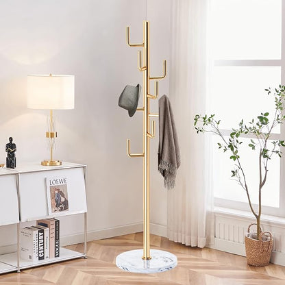 ZOZOE Metal Modern Coat Racks, Cactus Coat Rack Freestanding with Natural Marble Base, Golden Coat Rack Stand with 8 Hooks, Coat Tree Hanger Stand for Bags, Hats, Entryway, Office