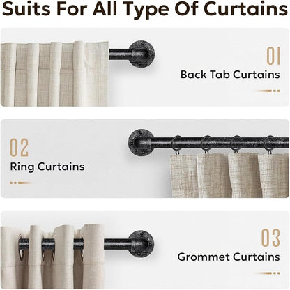 Zeerobee Curtain Rods for Windows 72 to 144, 1 Inch Industrial Wrap Around Vintage Black Curtain Rod, Indoor/Outdoor Room Divider Adjustable Drapery Pole, 72"-144"