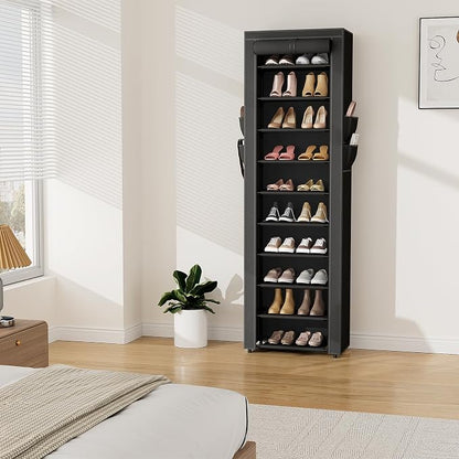 VTRIN Vertical Narrow Shoe Rack Organizer 10 Tier Tall Shoe Shelf Holds 20-22 Pairs with Non-Woven Dustproof Cover for Closet, Entryway Black