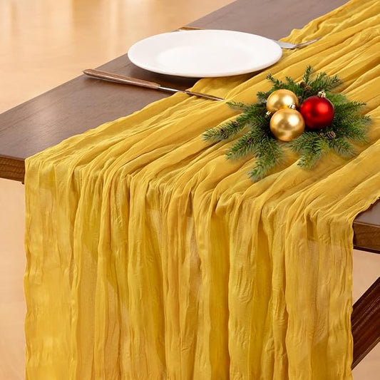 Socomi Gold Yellow Cheesecloth Table Runner Valentine's Day Boho Rustic Gauze 120 inch 10FT Cheese Cloth Runner for Wedding Party Baby Shower Birthday Home Decor Holiday Decorations