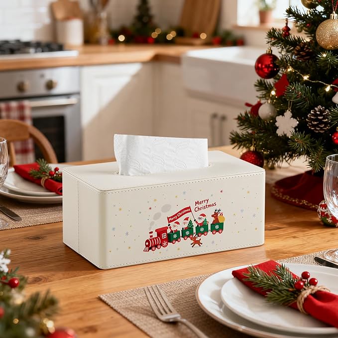 Square Christmas-Themed Tissue Box Cover with A Magnetic Bottom,A Stylish Leather-Decorated Tissue Holder for Living Rooms, Bedrooms, and Office Desks (White Rectangle)