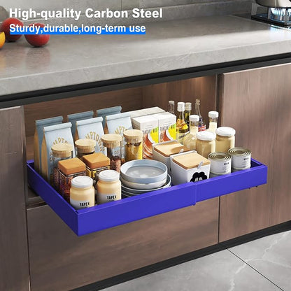 Mustorn 2 Pack Pull Out Cabinet Organizer, Expandable Slide Out Drawers for Kitchen Cabinets Peel and Stick Pullout Drawer Heavy Duty Sliding Shelves for Cupboard, Pantry, Bathroom(16.5" Deep, Blue)