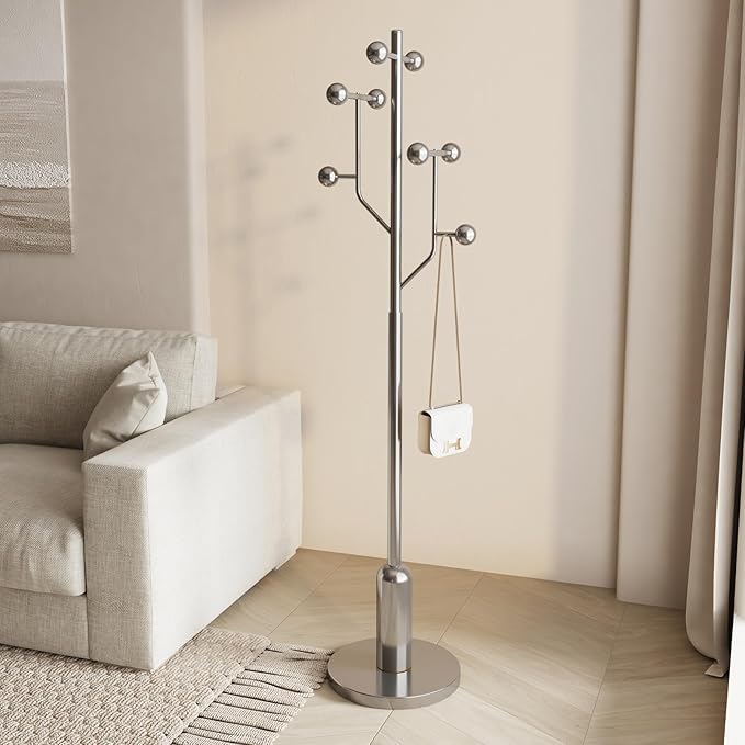 Coat Rack Freestanding with Stainless Steel Marble Base, 8 Ball-shaped Hooks, Heavy-Duty Standing Coat Rack, Coat Hanger Stand for Bedroom Entryway Hallway, Hat, Bags, Long Dresses, Silver