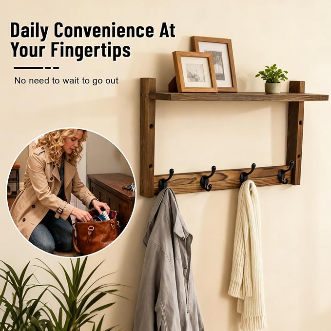 28" Coat Rack Wall Mount with Shelf, Entryway Key Holder Wall Mount Wood Wall Coat Hooks with 7 Hooks 3 Key Hanger, Wall Mounted Coat Rack Mail Holder for Living Room, Bedroom
