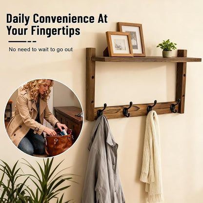 28" Coat Rack Wall Mount with Shelf, Entryway Key Holder Wall Mount Wood Wall Coat Hooks with 7 Hooks 3 Key Hanger, Wall Mounted Coat Rack Mail Holder for Living Room, Bedroom