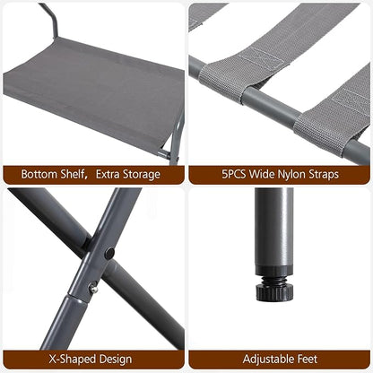 AMHANCIBLE Luggage Rack, Set of 2, Foldable Suitcase Stands for Guest Room, Metal Luggage Holder with Storage Shelf for Bedroom, Hotel, Easy Assemble, HLR02GY