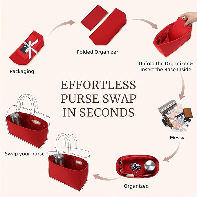 Purse Organizer Insert, Satin Tote Bag Organizer with 8 Sizes, Handbag Dividers for Inside Purse, Compatible with Longchamp, Neverful, 25C Hobo and More Bags(Mini,Ruby)