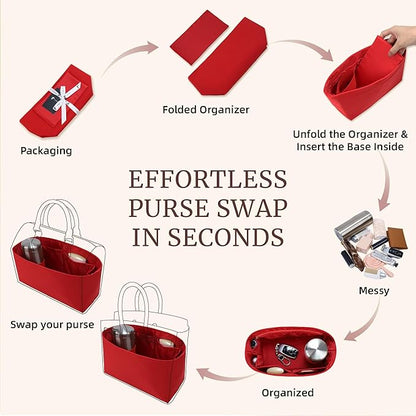 Purse Organizer Insert, Satin Tote Bag Organizer with 8 Sizes, Handbag Dividers for Inside Purse, Compatible with Longchamp, Neverful, 25C Hobo and More Bags(Mini,Ruby)