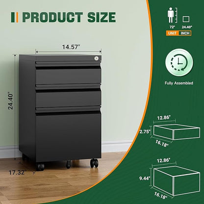 Letaya 3 Drawer Mobile File Cabinet with Lock,Under Desk Metal Filing Cabinets for Home Office Organizer Letters/Legal/A4((Fully Assembled-Black)