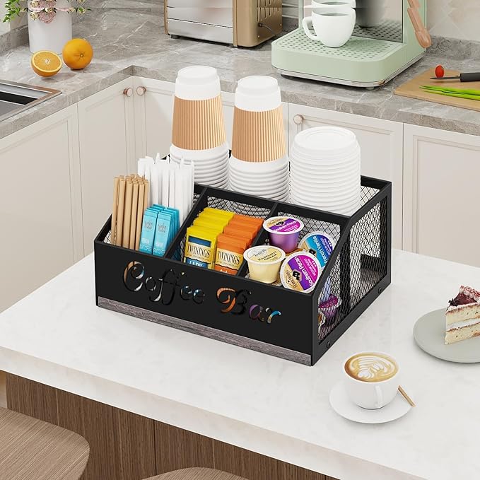 Coffee Bar Organizer for Countertop, Wooden Counter Station Organizer with Metal Mesh Basket, Coffee Bar Accessories Decor for Pods Condiment Syrup Tea Sugar, Gray