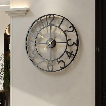 Cuspin Large Wall Clock, 24 Inch Black Decorative Wall Clock for Living Room, Modern Metal Battery-Operated Arabic Numerals Round Clocks Silent Non Ticking for Kitchen Mantel Bedroom Office
