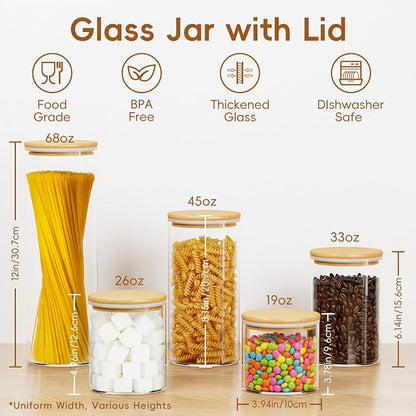 Airtight Glass Food Storage Containers with Lids,5-Pack Pantry Storage Canisters Set,19/26/33/45/68 Ounces Kitchen Jars for Flour,Sugar,Salt,Coffee Beans,Cereal,Spice,Creamer & Overnight Oats