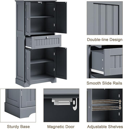 ChooChoo 51" H Tall Bathroom Floor Cabinet, Modern Bathroom Storage Cabinet with Drawer and Adjustable Shelves, Freestanding Kitchen Pantry Cupboard with 4 Doors for Living Room, Grey