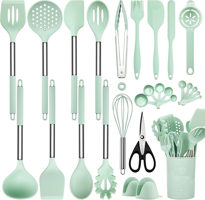 NCUE Silicone Cooking Utensils Set, 28 Pcs Kitchen Utensils Set 446°F Heat Resistant Spatula Set, Food Grade Silicone and Stainless Steel Handle Kitchen Gadgets for Nonstick Cookware BPA Free
