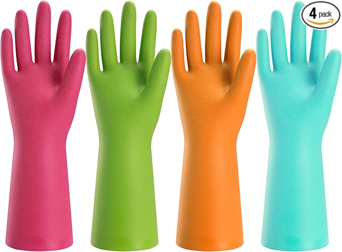 Bamllum Rubber Cleaning Gloves for Kitchen - 4 Pairs Reusable Dishwashing Gloves for Household, Flexible Long-lasting & Waterproof (Small, Blue+Green+Red+Orange)
