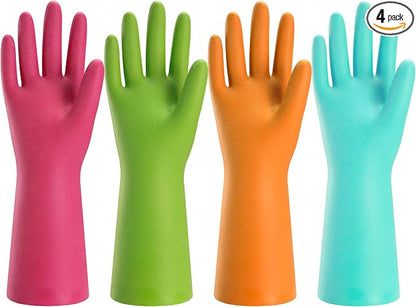 Bamllum Rubber Cleaning Gloves for Kitchen - 4 Pairs Reusable Dishwashing Gloves for Household, Flexible Long-lasting & Waterproof (Small, Blue+Green+Red+Orange)