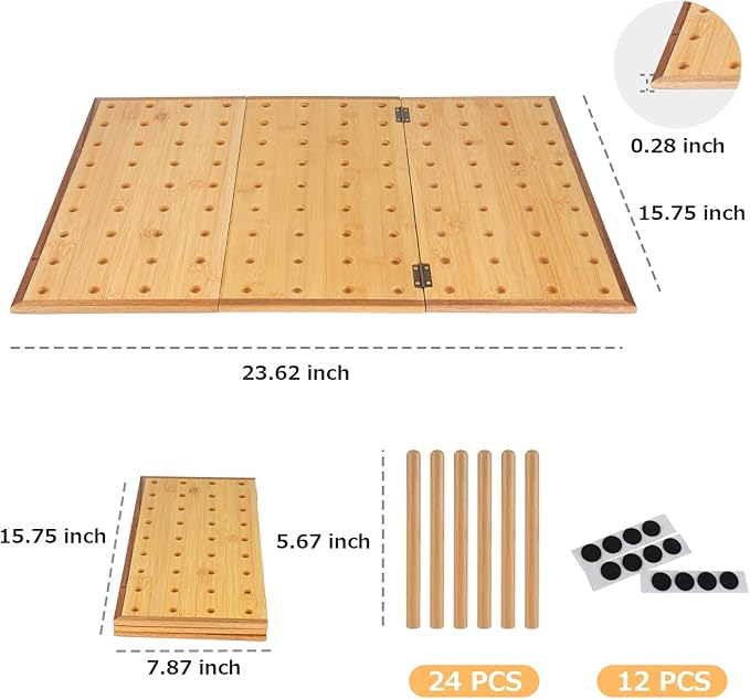 Foldable Pegboard Organizer for Kitchen – Bamboo Base & Acacia Wood Edge Dish Rack for Kitchen Countertop, and Drawer, 24 Pegs, 23.6" x 15.7"