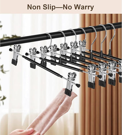 POZEAN Pants Hangers with Clips for Women 20 Pack, 12Inch Adjustable Heavy Duty Skirt Hangers, Space Saving Non-Slip Shorts Jeans Trousers Clothes Hangers, Black