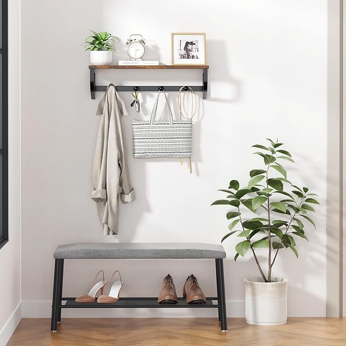 Coat Rack Wall Mount, Wood Wall Shelf with Hooks, Coat Hanger Wall Mount with 4 Metal Hooks, Wall Mounted Coat Rack Organizer for Entryway, Bedroom, Living Room, Room Decor, Brown