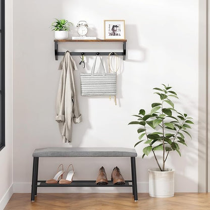 Coat Rack Wall Mount, Wood Wall Shelf with Hooks, Coat Hanger Wall Mount with 4 Metal Hooks, Wall Mounted Coat Rack Organizer for Entryway, Bedroom, Living Room, Room Decor, Brown