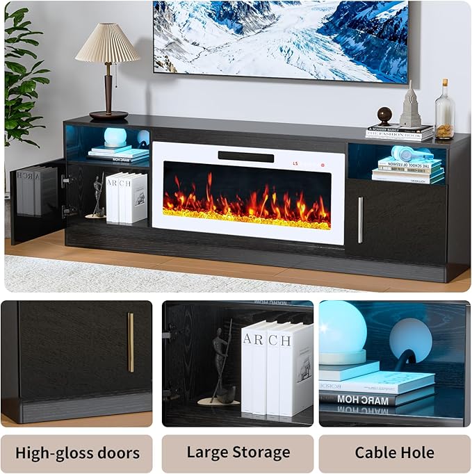 PRETZI Fireplace TV Stand with 36" Fireplace Up to 80" TVs,70" Entertainment Center with LED Lights,Remote Control,TV Media Console with Storage Cabinets for Living Room,White+Black