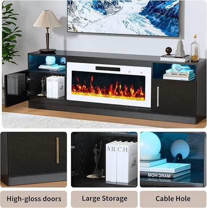 PRETZI Fireplace TV Stand with 36" Fireplace Up to 80" TVs,70" Entertainment Center with LED Lights,Remote Control,TV Media Console with Storage Cabinets for Living Room,White+Black