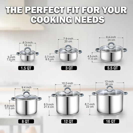 Cook N Home Basics 16 Quart Stainless Steel Stock Pot with Lid, Cooking Pot for Pasta, Soup, Stay-Cool Silicone Handle, Stockpot with Even Heating, Oven Safe, Cookware for Canning, Boiling, Simmer