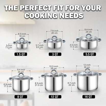 Cook N Home Basics 12 Quart Stainless Steel Stock Pot with Lid, Cooking Pot for Pasta, Soup, Stay-Cool Silicone Handle, Stockpot with Even Heating, Oven Safe, Cookware for Canning, Boiling, Simmer