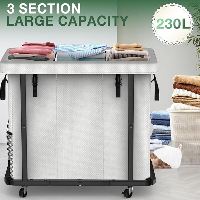 60 Gal(230L) Laundry Basket with Lid, Rolling Laundry Hamper with Wheels, Dirty Clothes Hamper with Metal Frame and Removable Bag Design, Suitable for Laundry Room, Bedroom(White, 3 Section 230L)