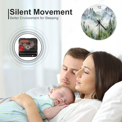 Forest Wall Clock 12 Inch Silent Non Ticking Clock Wooden, Watercolor Style Nature Woodland Green Forest Mountain Plant Wall Clock Battery Operated Kitchen Bedroom Living Room Decor