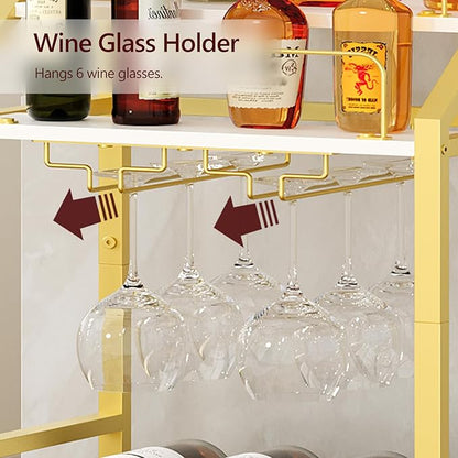 Bar Cart with Mirrored Shelf, Serving Cart for Home, Drink Cart with Wine Rack, Rolling Kitchen Cart with Wheels, Glass Holder, for Kitchen, Dining Room, Gold and White RCJW67M01