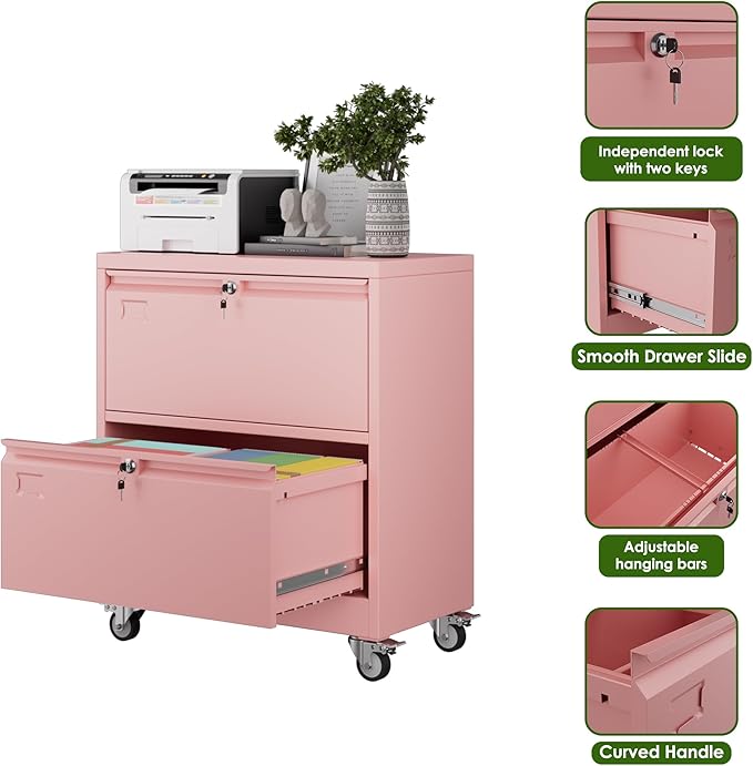 Aobabo 2 Drawer LateralFile Cabinet with Wheels, Lockable Metal Filing Cabinet for Home Office, Legal/Letter Size,Pink,Required Assembled,15.87" D x 28.94" W x 34" H
