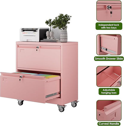Aobabo 2 Drawer LateralFile Cabinet with Wheels, Lockable Metal Filing Cabinet for Home Office, Legal/Letter Size,Pink,Required Assembled,15.87" D x 28.94" W x 34" H