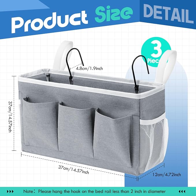 3 Pcs Bedside Caddy Storage Organizer, Bedside Hanging Storage Bag with Pockets and Fixed Straps for Bunk Bed Shelf Dorm Rooms Crib Bed Rails Hospital Beds, Can Be Placed Glasses Books