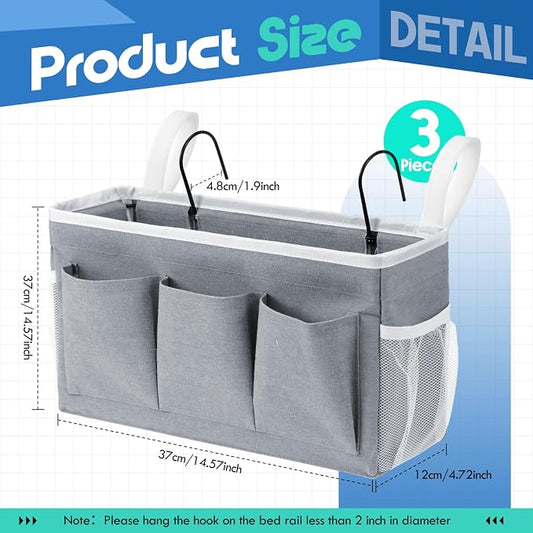 3 Pcs Bedside Caddy Storage Organizer, Bedside Hanging Storage Bag with Pockets and Fixed Straps for Bunk Bed Shelf Dorm Rooms Crib Bed Rails Hospital Beds, Can Be Placed Glasses Books