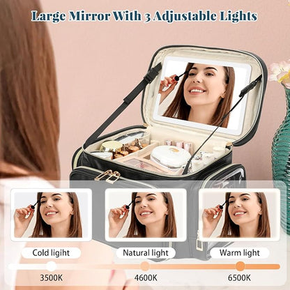 Large Makeup Bag with LED Mirror, Travel Makeup Bag Organizer for Women Girls with Makeup Brush Compartment & Two Side Pockets, 3 Color Lights Cosmetic Toiletry Bag- Leather Black