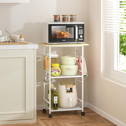 ThreeHio Rolling Kitchen Microwave Cart, 3 Tier Microwave Table Stand with Adjustable Shelf, Kitchen Storage Rack on Wheels, Coffee Station Cart Rack Shelf Organizer for Living Room Office, Balcony