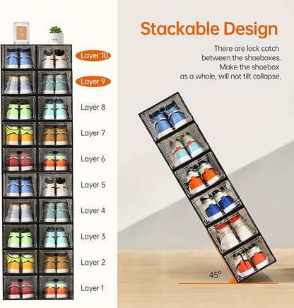 Amllas 12 Pack Shoe Boxes Stackable,Upgraded Sturdy Shoe Storage Boxes with Clear Magnetic Door,Multifunctional Sneaker Storage, Shoe Box Organizer Fit up to US Size 12 Gray(13.8”x 9.84”x 7.1”)
