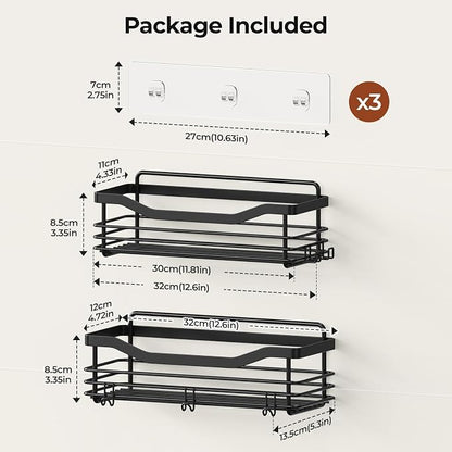 Orimade Adhesive Shower Caddy Shelf with 5 Hooks Organizer Storage Rack Rust Resistant Wall Mounted Stainless Steel No Drilling for Bathroom, Toilet, Kitchen - 2 Pack,Black