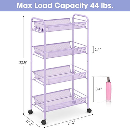TOOLF 4-Tier Rolling Cart, Metal Utility Cart with 3 Hooks, Easy Assemble Mobile Storage Trolley On Wheels, Metal Shelving Units Kitchen Bathroom Laundry Room