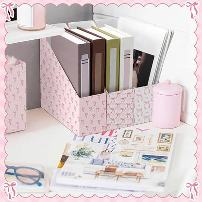 AmazingSpark Set of 4 Pink Bow Magazine File Holder Decorative Foldable Cardboard Magazine Storage Boxes with Acrylic Label Holders Coquettish Boho Organizer for Office Home Organization Storage