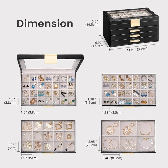 Lolalet Earring Storage Box Case with Glass Top, Large Earring Jewelry Holder Organizer Display with Drawer and Grid, Mothers Day Gifts -4 Tiers, Black