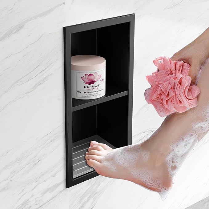Qeke Shower Foot Rest for Shaving Legs, 304 Stainless Steel Footrest Niche with Shaving Holder, Recessed Shower Niche for Shaving Legs, Matte Black, 5.9" X 12.3"