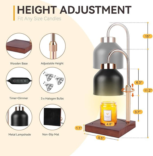 TOACSUCP Candle Warmer Lamp with 3 Bulbs, Adjustable Height Dimmable Candle Warmer with Timer, Compatible with Large Jar Candles, Candle Lamp with Charming Gift Box Ribbon for Her/Him(Black)